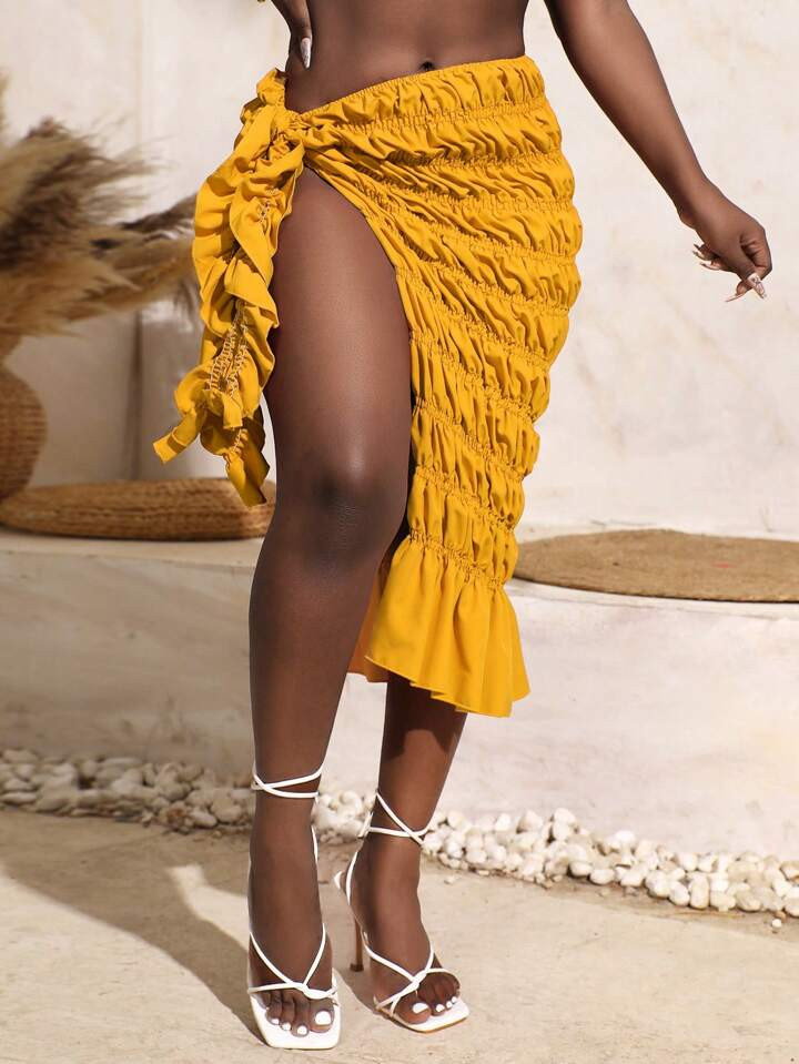 SHEIN VCAY Ruffle Trim Tie Side Cover Up Skirt | SHEIN