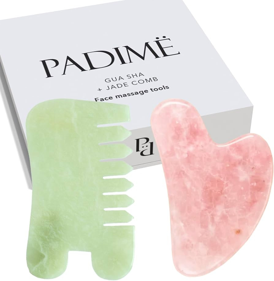 Padime 2 pcs | Premium Set Massage 2-in-1 | Rose Quartz Gua Sha Stone Facial Tools + Jade Comb Sc... | Amazon (US)