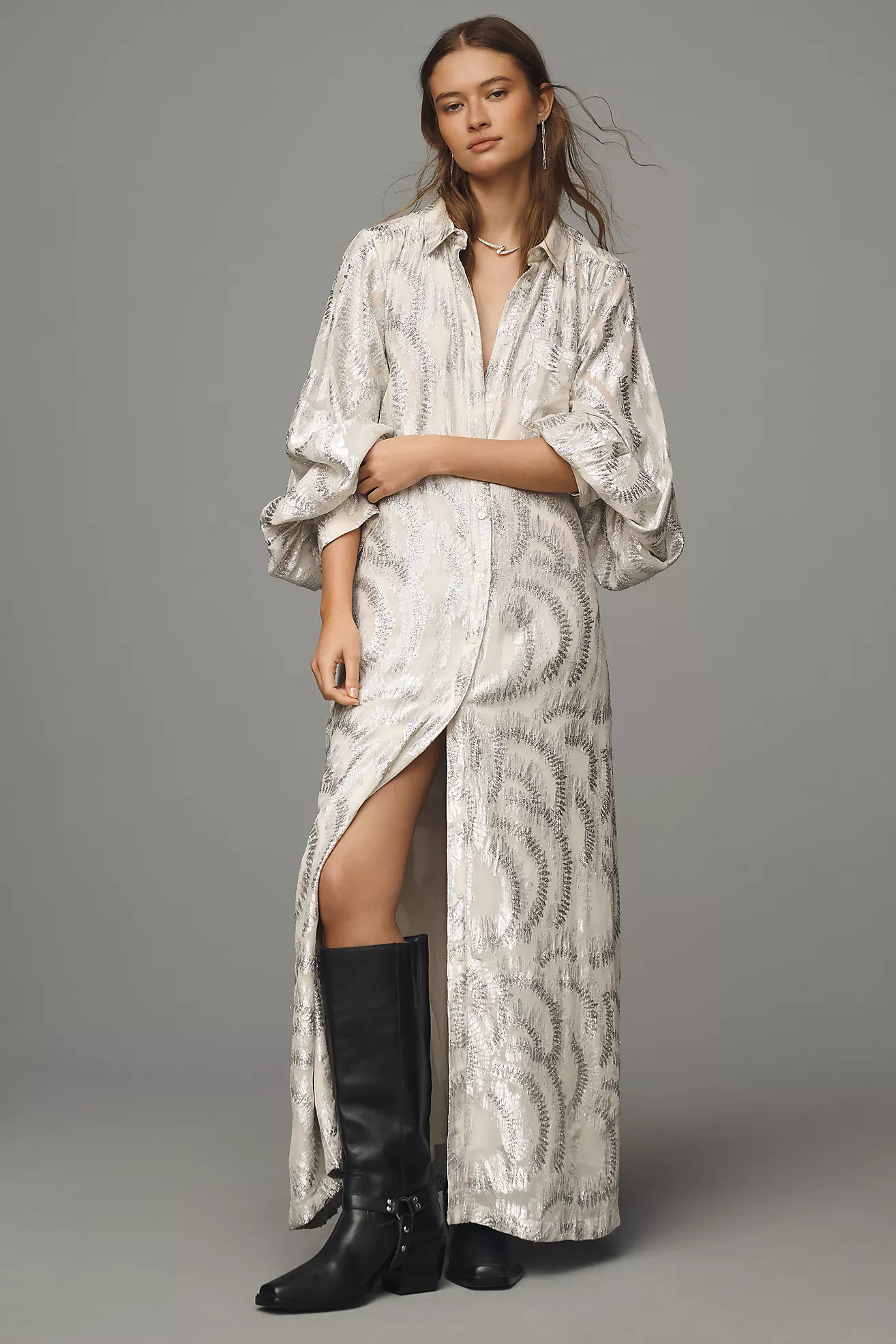By Anthropologie Long-Sleeve Lurex Maxi Shirt Dress | Anthropologie (US)