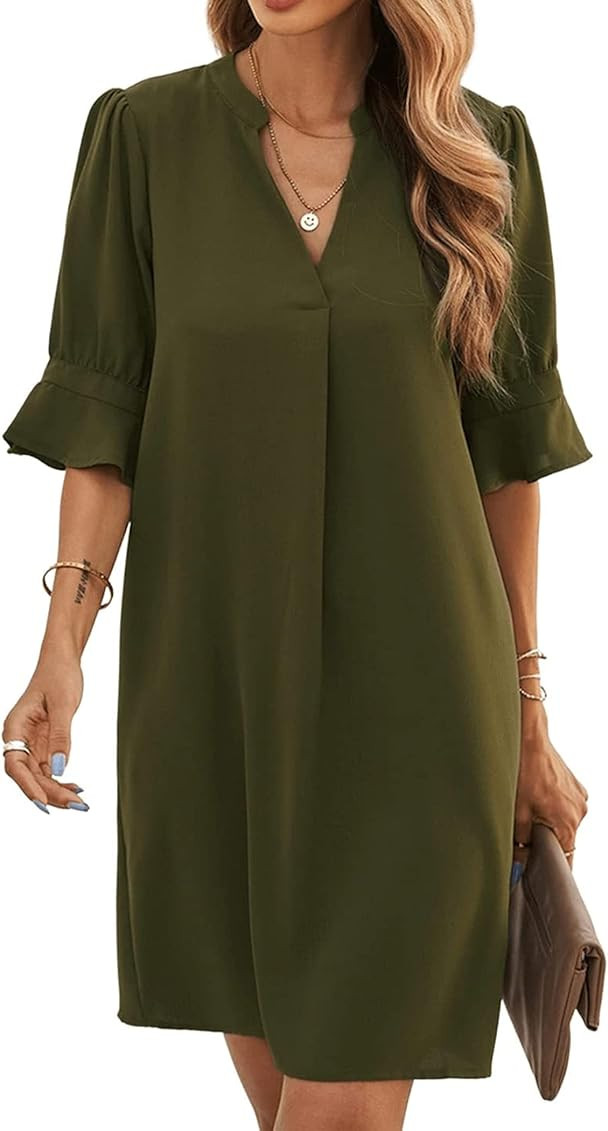 Famulily Womens Dresses V Neck Puff Sleeve Solid Loose Fit Casual Summer Beach Flowy Shirt Dress | Amazon (CA)