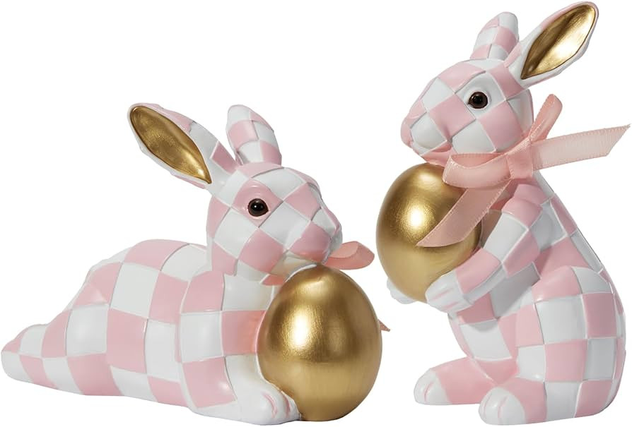 WDS WONDROUS Easter Decorations Bunny Figurines Set, Blush Pink White Checkerboard with Gold Egg ... | Amazon (US)