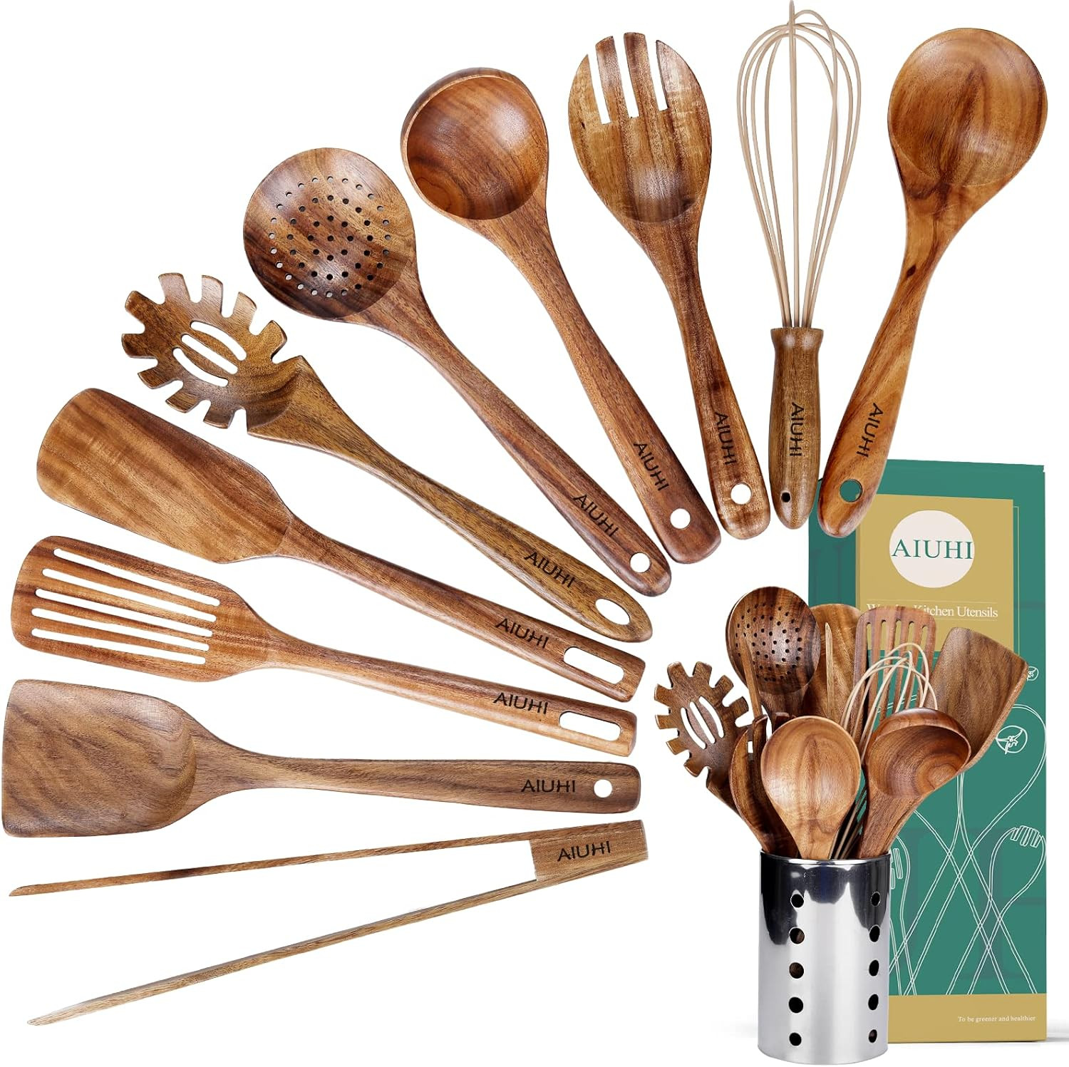 Kitchen Utenails Set with Holder,Kitchen Wooden Utensils for Cooking, Wood Utensil Natural Teak W... | Amazon (US)