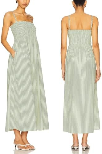 Women Spaghetti Strap Smocked Striped Maxi Beach Sundress with Pockets | Flowy Swing A Line Vacat... | Amazon (US)