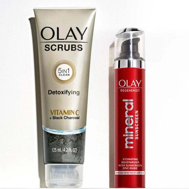 Detoxifying Face Scrub and Hydrating Face Moisturizer with Mineral Sunscreen, SPF 15 | Gift Set | Olay