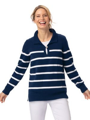 Women's Mariner Stripe Rib-Collar Sweater, Classic Navy/White P-M , Appleseed's | Appleseed’s