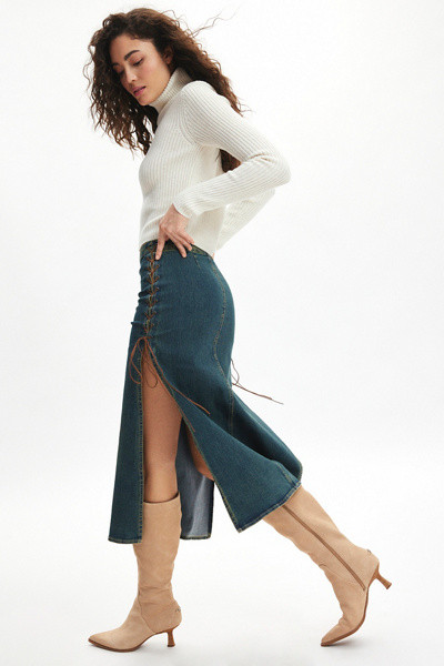 Silence + Noise Calie Lace Up Denim Midi Skirt | Urban Outfitters (US and RoW)