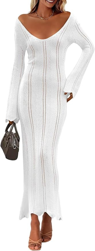 Saodimallsu Womens Crochet Maxi Dress Bell Long Sleeve Sexy V Neck Bodycon Backless Knit Dresses ... | Amazon (US)