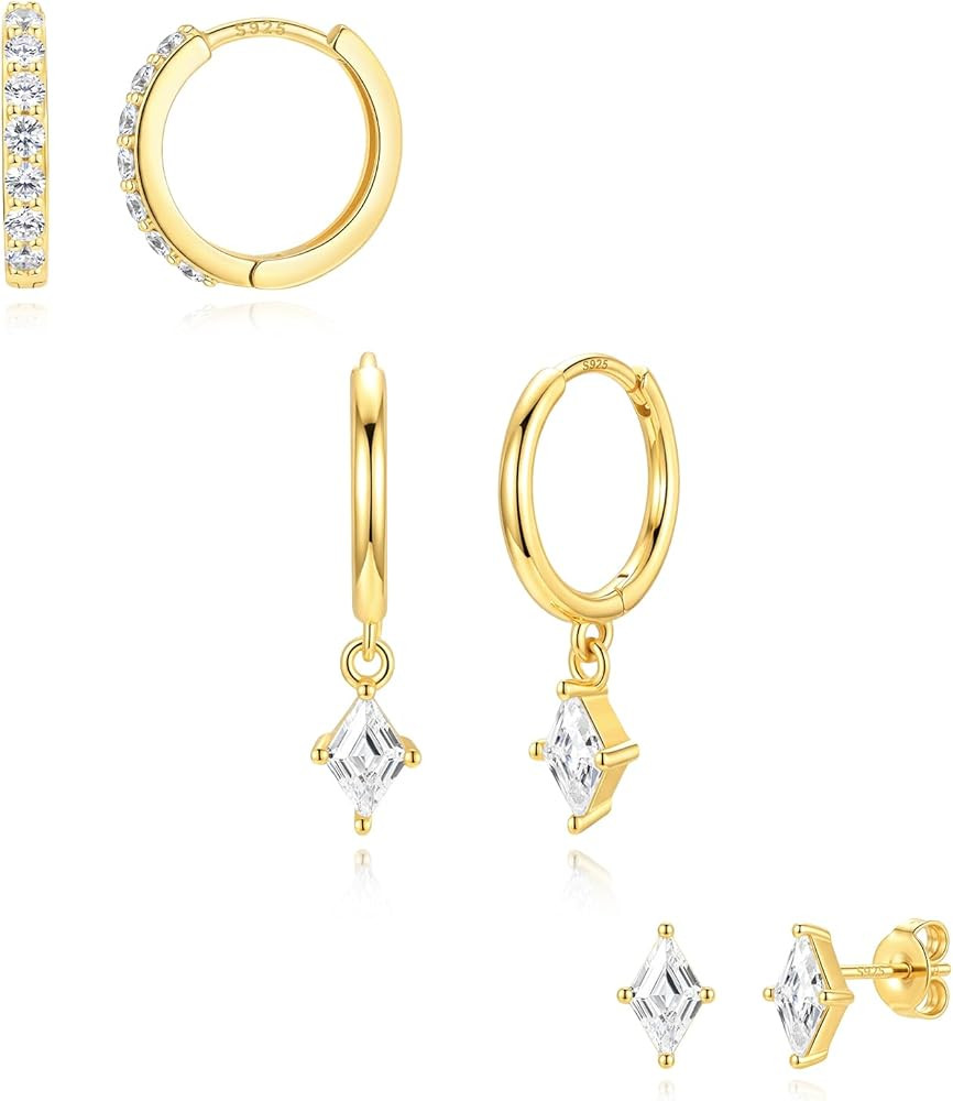 Angelady Gold Hoop Earrings Set for Women, Dainty 14K Gold Plated Huggies Earring, Sterling Silve... | Amazon (US)