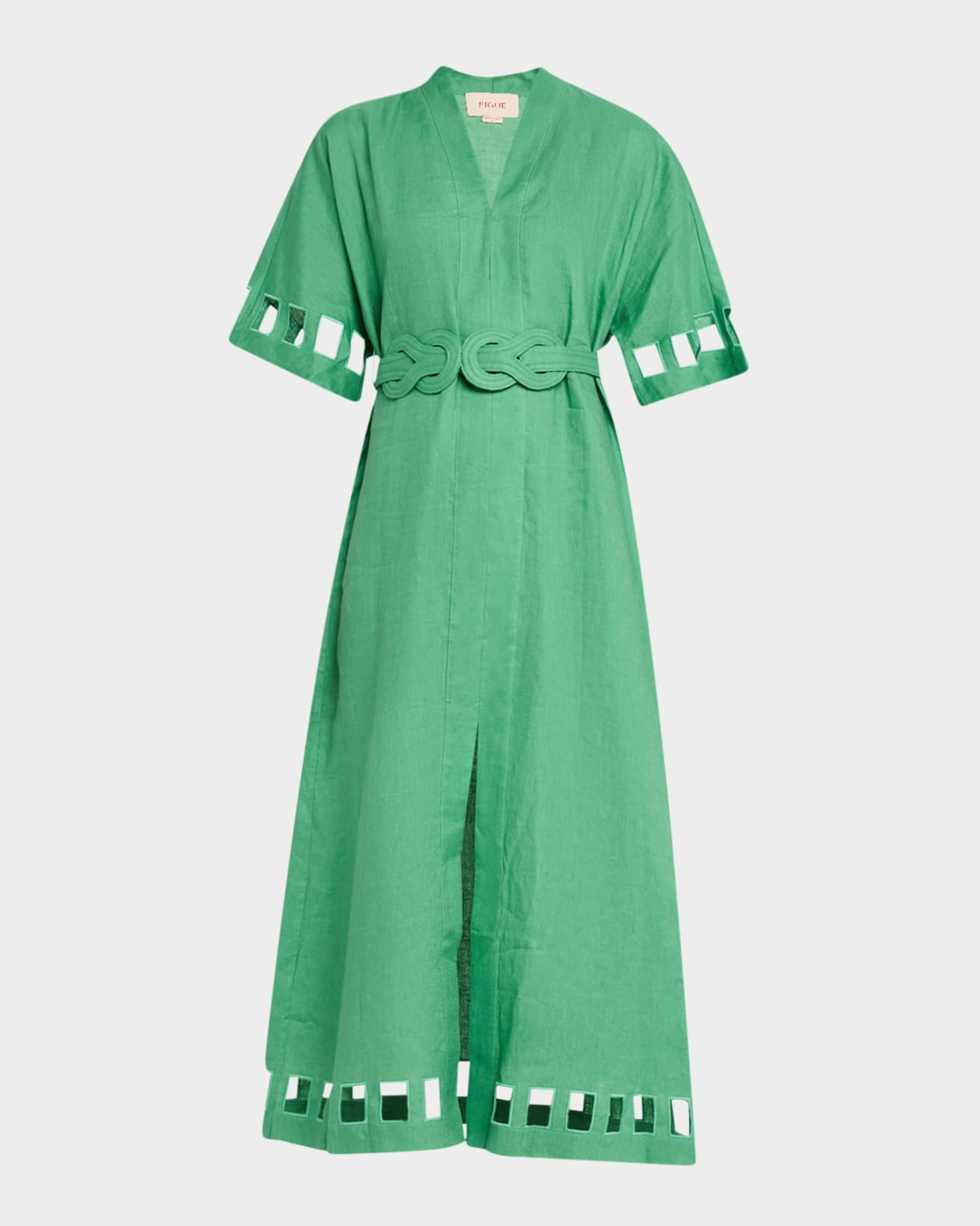 Adalaide Short-Sleeve Belted Linen Midi Dress | Neiman Marcus