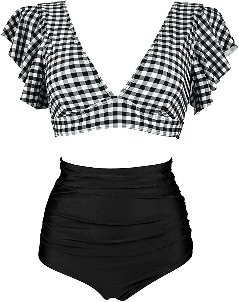 COCOSHIP Women's Retro Ruched Ruffle High Waist Two Piece Bikini - Amazon Fashion | Amazon (US)