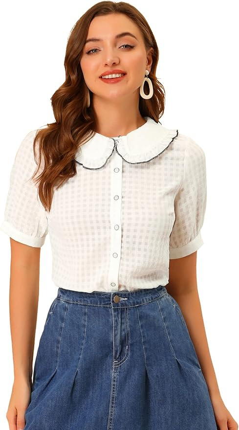 Allegra K Women's Peter Pan Collar Tops Short Sleeve Casual Gingham Shirt Blouse | Amazon (US)