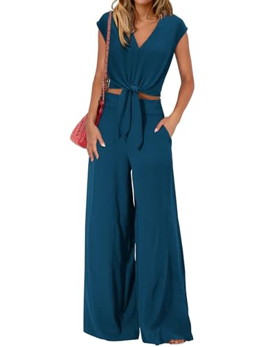PRETTYGARDEN Women's Summer 2 Piece Outfits 2026 Cap Sleeve V Neck Belted Crop Tops Wide Leg Pant Sets Casual Tracksuit(Solid Teal,Medium) | Amazon (US)