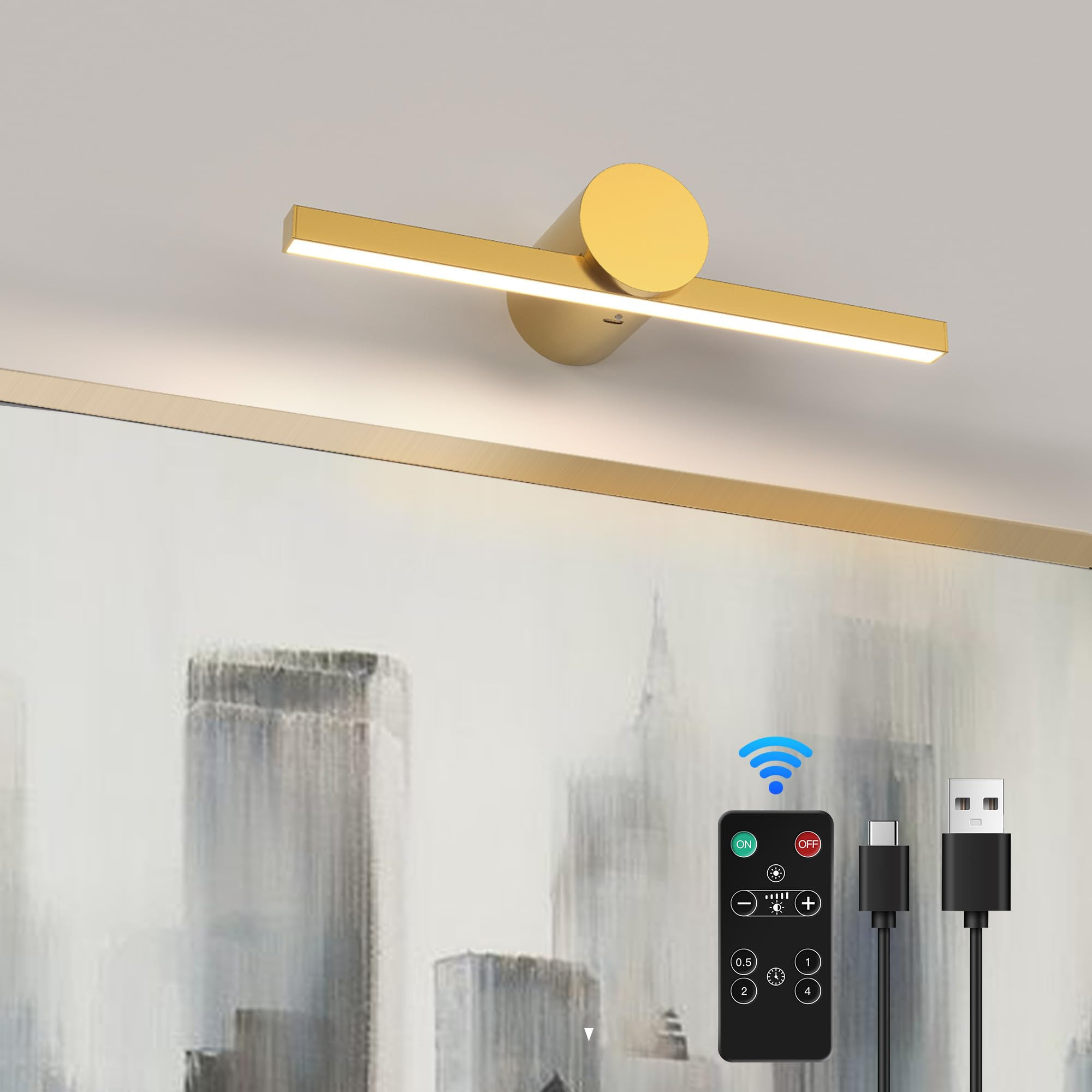 ZitoStory Battery Operated Picture Light with Remote,Wireless Dimmable Art Lights for Paintings Rechargeable Gallery Light Artwork Lighting for Canvas, Portrait (Gold,11.4'' Inch) | Amazon (US)