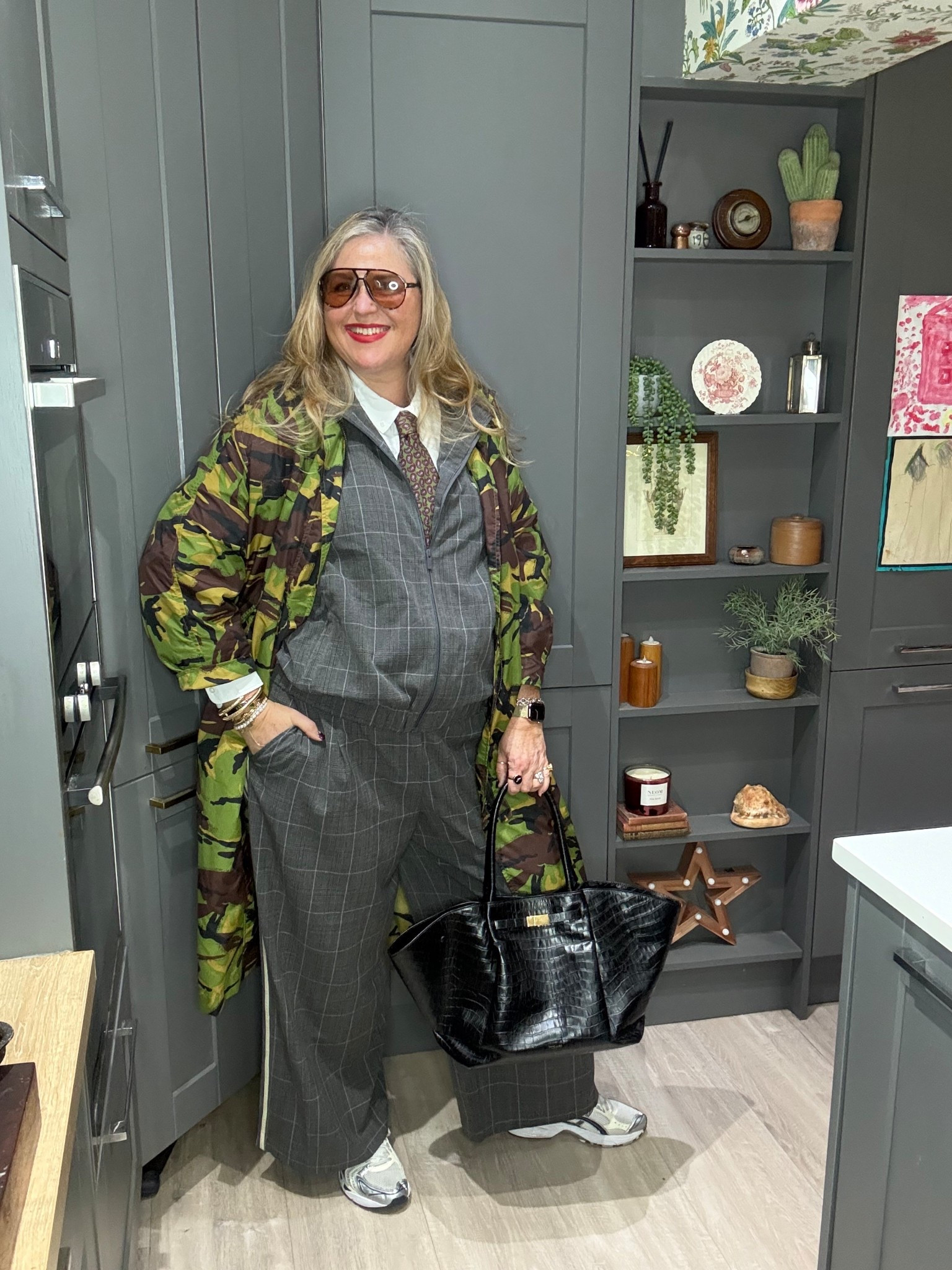 Grey adidas coord, black tote bag, white shirt, Paisley tie, sunglasses, camo jacket, trainers 

#LTKstyletip #LTKspring #LTKplussize