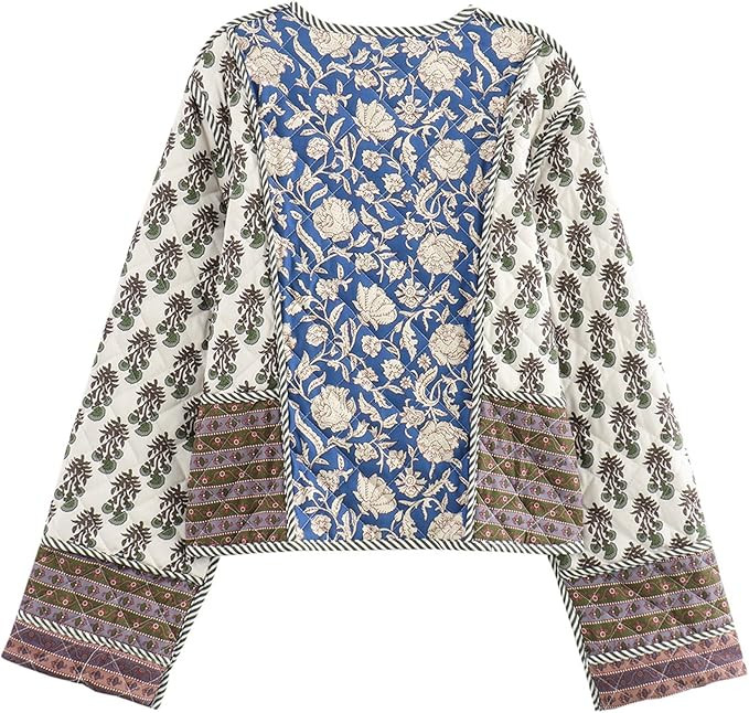 Wyeysyt Women's Cropped Puffer Quilted Jacket Cardigan Floral Printed Lightweight Long Sleeve Ope... | Amazon (US)