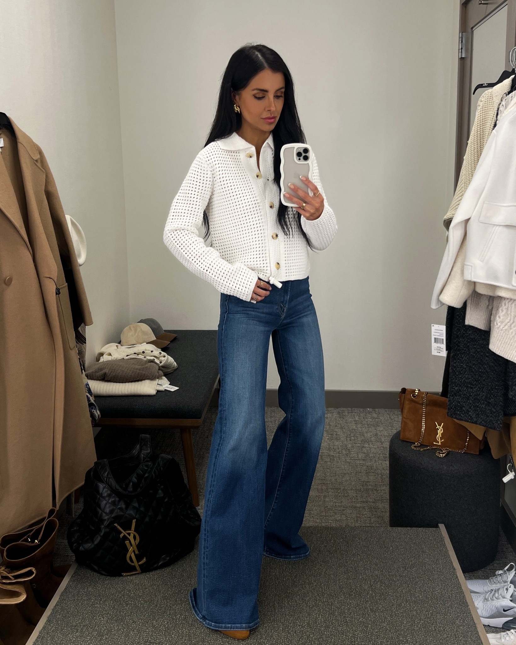 Nordstrom anniversary sale 2025
Fall outfit ideas 
Vince open knit cardigan wearing an XS
Mother wide leg jeans - wearing a 24
#nordstrom #nsale 

#LTKSaleAlert #LTKSeasonal #LTKPetite