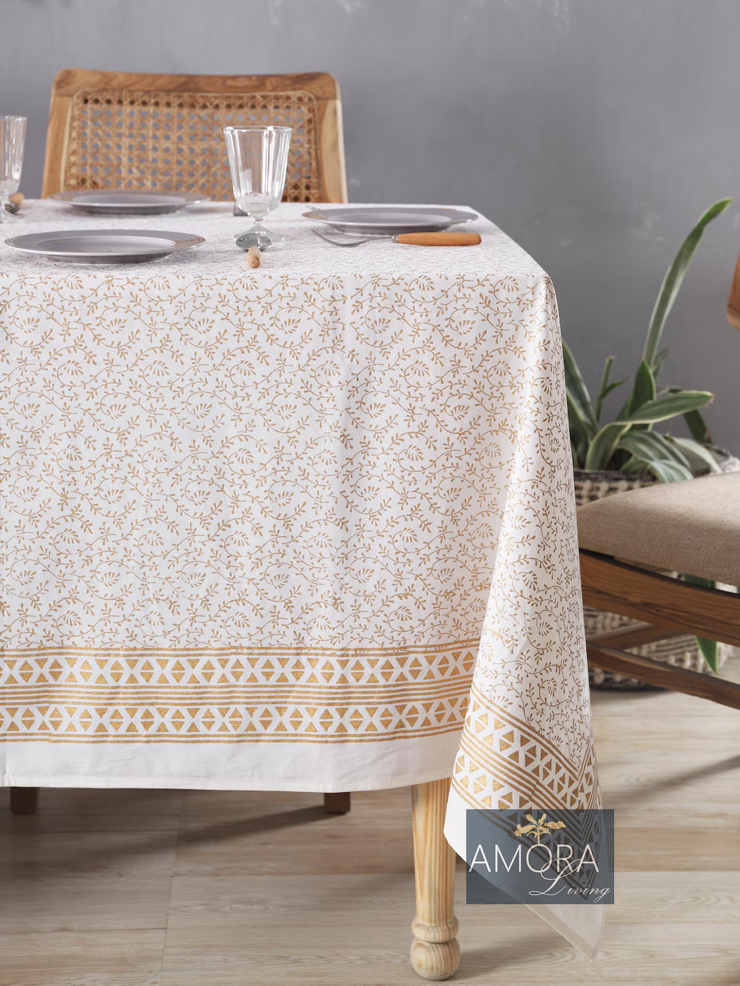 White Gold Print Tablecloth, Block Print Table Cover, Indian Cotton Table Cover, Rectangle Table ... | Etsy (US)