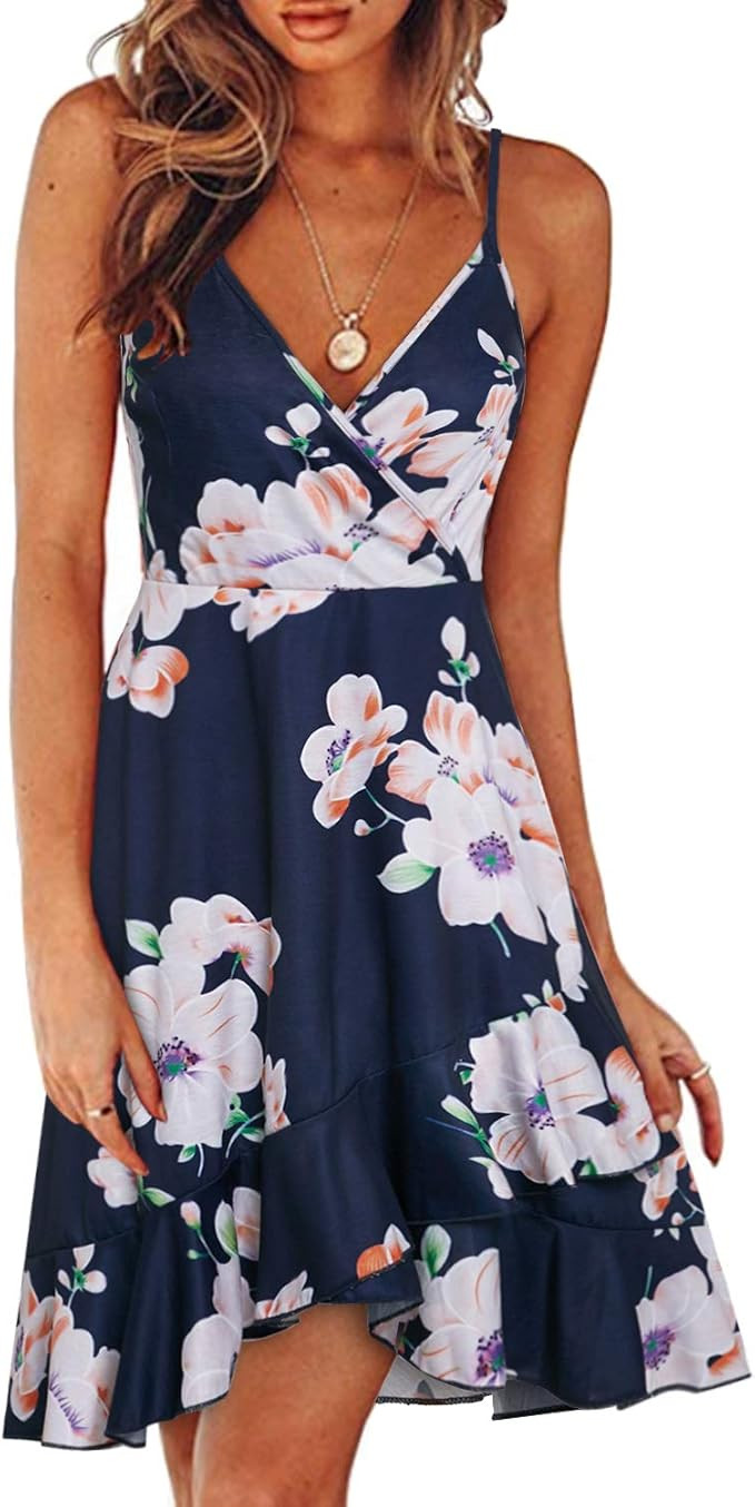 ULTRANICE Womens Summer Floral Wrap V Neck Adjustable Spaghetti Casual Ruffle Dress | Amazon (US)