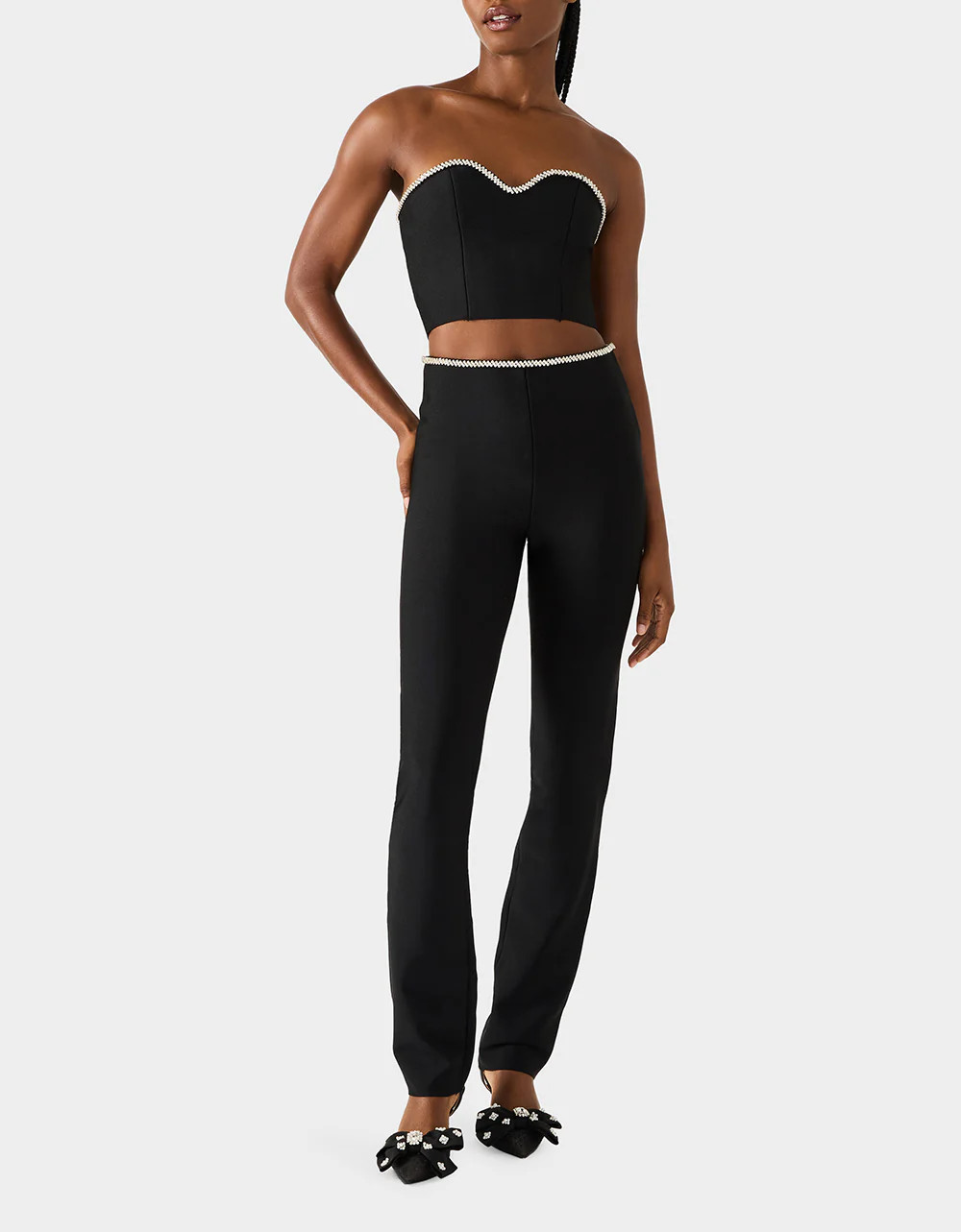 JEWELED SET BLACK Women's Black Crop Top and Pant Rhinestone Set | Betsey Johnson