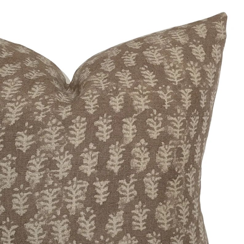Andie Warm Brown Floral Handblock Pillow Cover Dark Rust Designer Fabric Neutral Home Decor 18x18... | Etsy (US)