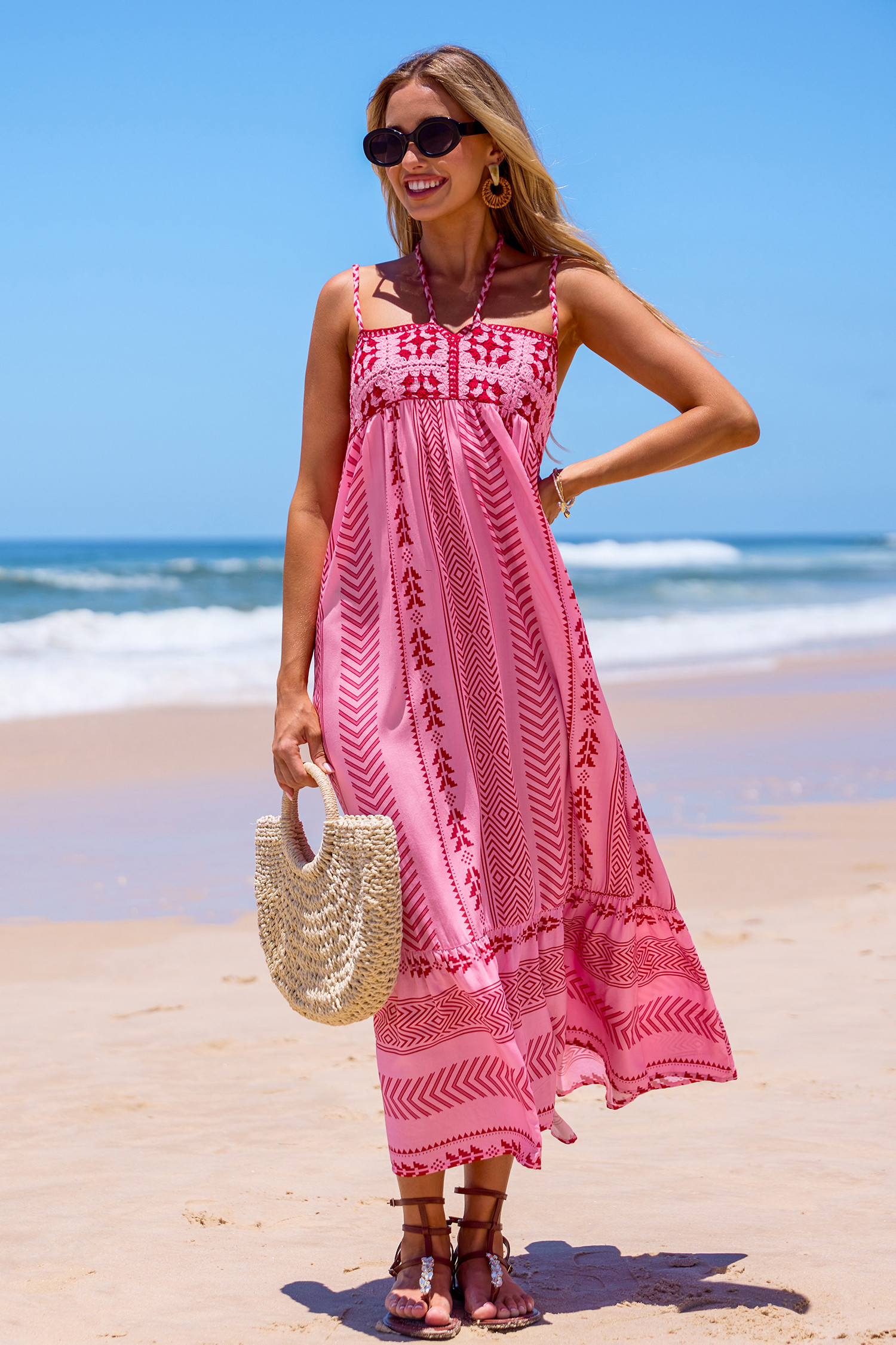 Pink Boho Square Neck Sleeveless Midi Dress | Cupshe US