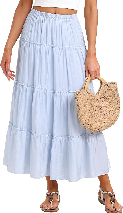 Long Skirts for Women Boho Elastic Waist Maxi Skirt Flowy Swing Tiered Beach Dress Trendy Vacatio... | Amazon (US)