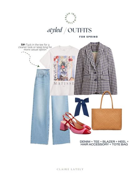 Styled outfit idea from the Spring Closet checklist - denim, graphic tee, blazer, hair accessory, heel, tote bag. 

Download the free guide over on CLAIRELATELY.com 👉🏼

#LTKSpringSale #LTKSeasonal #LTKstyletip
