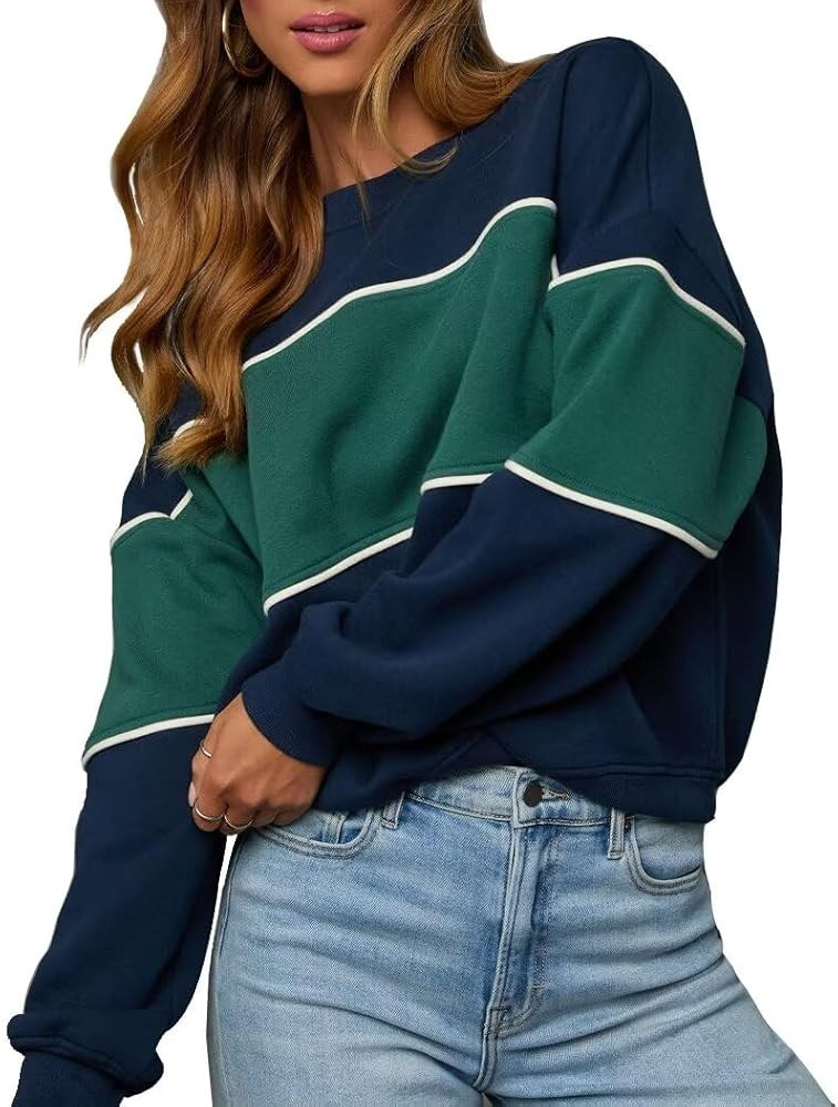 LEEDYA Womens Long Sleeve Sweatshirts Oversized Crewneck Color Block Pullover Top Casual Lightwei... | Amazon (US)