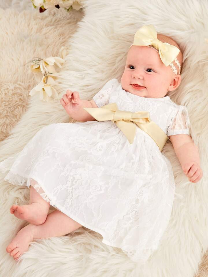 SHEIN Newborn Baby Lace Overlay Belted Dress Without Handband | SHEIN