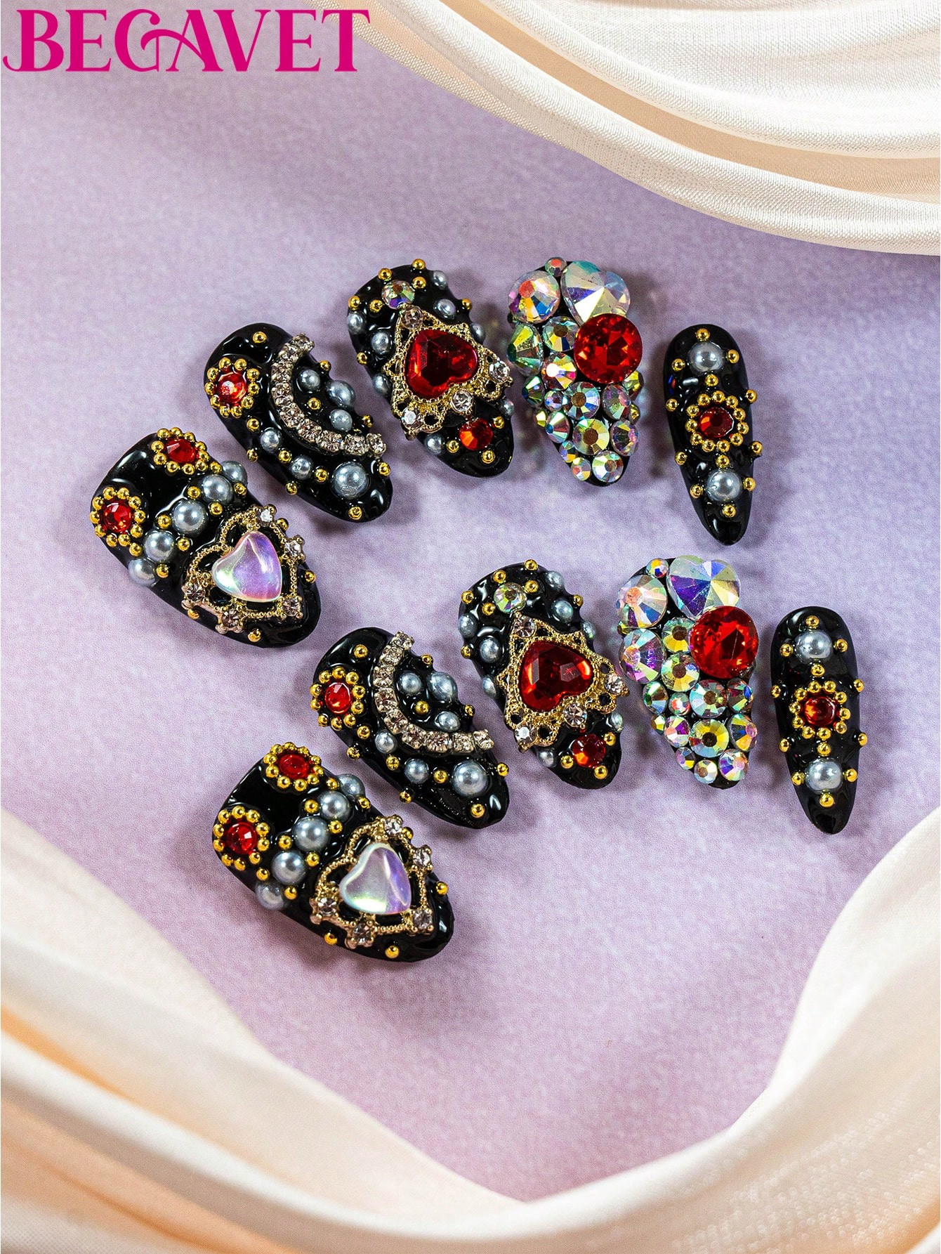 Upgrade Your Look With BEGAVET 10pcs Handmade Press On Nails Black Diamond Short Almond Salon Qua... | SHEIN