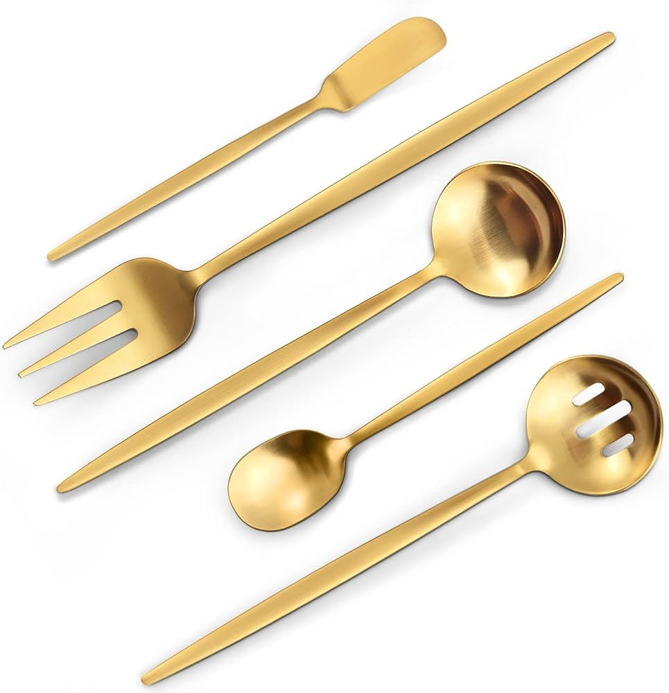 Matte Gold Serving Silverware Set, 5-Piece Round Shared Utensils Set of Stainless Steel, Hostess ... | Amazon (US)