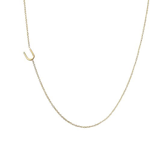 Maya Brenner Asymmetrical Initial Necklace, U, 16"", 14 Karat Gold | Mark and Graham
