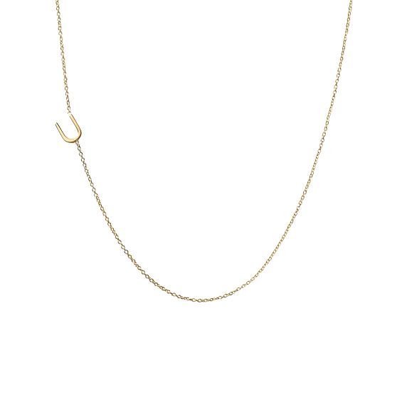 Maya Brenner Asymmetrical Initial Necklace, U, 16"", 14 Karat Gold | Mark and Graham