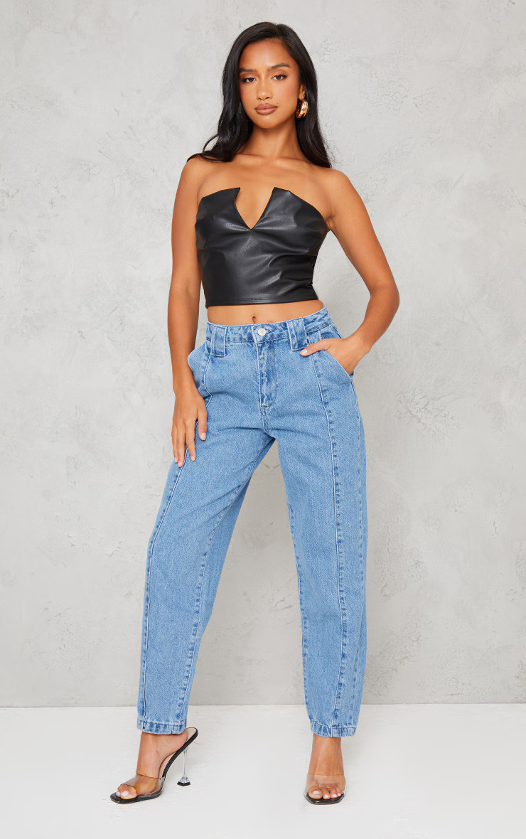 Petite Mid Blue Wash Balloon Leg Jeans | PrettyLittleThing US