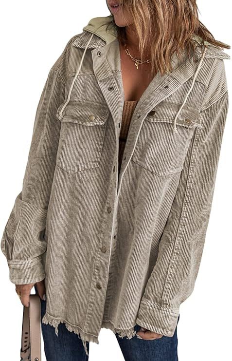 Dokotoo Womens 2023 Fall Corduroy Shacket Jacket Long Sleeve Button Down Color Block Hooded Coat ... | Amazon (US)