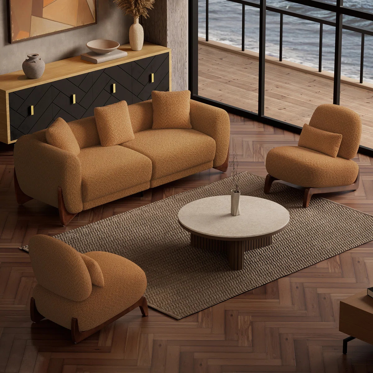 3 Piece Living Room Set,  Minimalist Faux Shearing Upholstered Sofa And Accent Chair For Living R... | Wayfair North America
