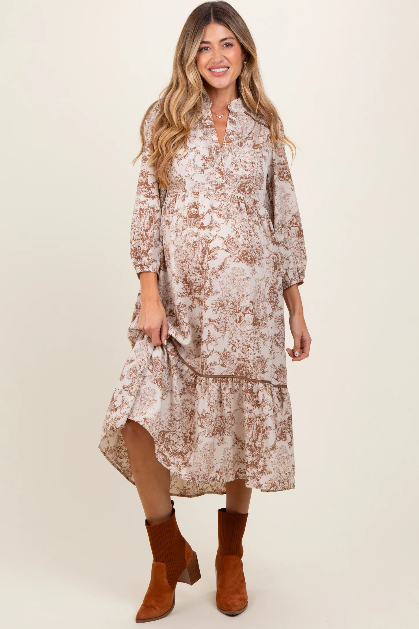 Brown Printed Split Ruffle Collar Maternity Midi Dress | PinkBlush Maternity