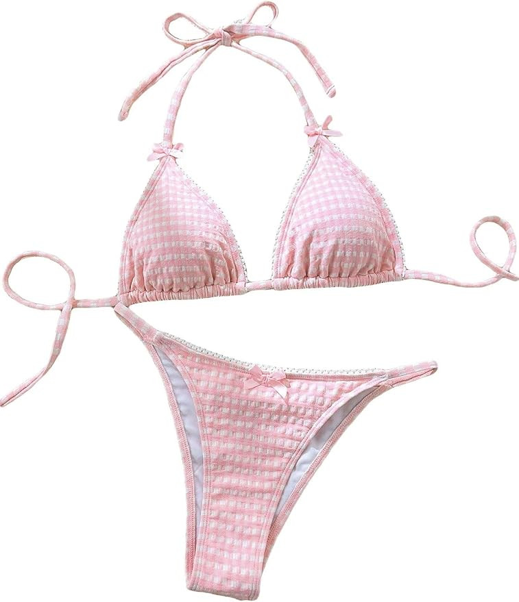 Women's Plaid Gingham Bathing Suit High Waisted Halter Triangle Swimsuit Bikini Set | Amazon (US)