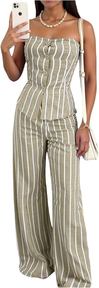 SOLY HUX Women's 2 Piece Outfit Striped Button Down Strapless Tube Top and Wide Leg Pants Set | Amazon (US)