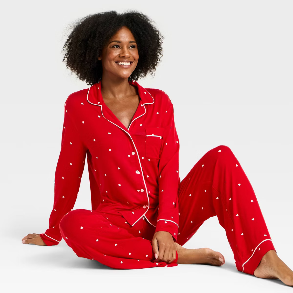 Women's Cloud Knit Modal Long Sleeve Notch Collar Top and Pants Pajama Set - Auden™ Red Hearts ... | Target