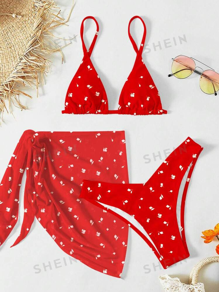 SHEIN Swim Mod Ditsy Floral Separated Three-Piece Bikini Set, Bikini Set Swimwear With Cover Up S... | SHEIN