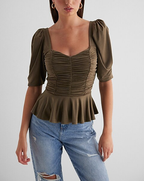 Puff Sleeve Ruched Peplum Top | Express