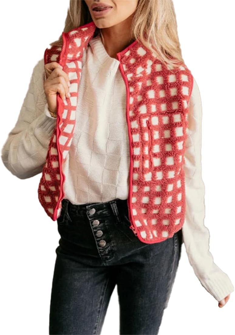 Women's Zip Up Sherpa Vest Checkered Fleece Vest Fall Winter Sleeveless Cardigan Warm Collared Ou... | Amazon (US)