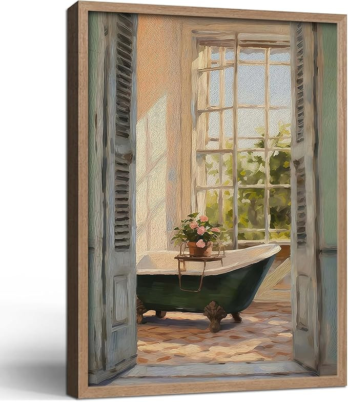 Framed Vintage Canvas Wall Art Print Classical Bathroom Bathtub Poster Flowers Gallery Style Pict... | Amazon (US)