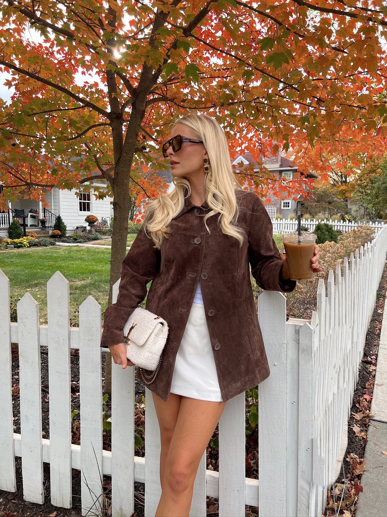 Fall transition outfit - wearing a medium in jacket, small in tank, linked similar skirts, shoes, & earrings! #kathleenpost #falloutfit

#LTKStyleTip #LTKSeasonal