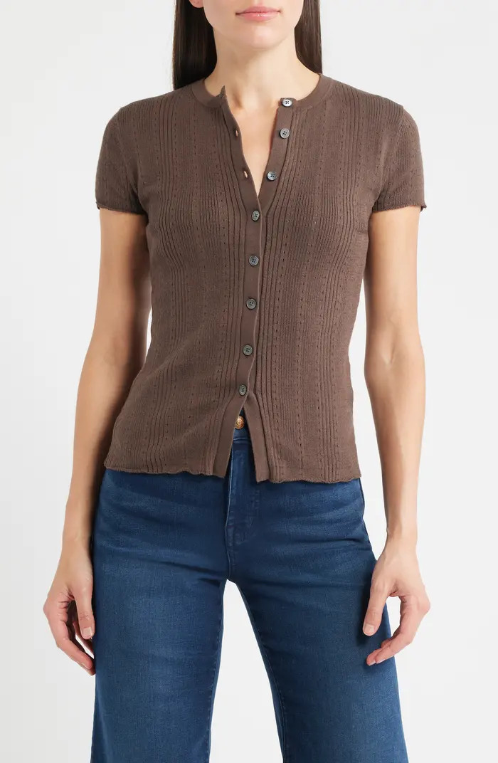 Short Sleeve Pointelle Cotton Blend Cardigan | Nordstrom