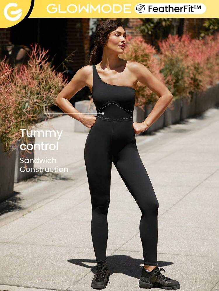 GLOWMODE 24" FeatherFit™ One Shoulder Tummy Control Shapewear Sports Bodysuit | SHEIN
