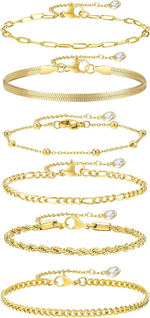 Dainty Gold Women Chain Bracelets - 14K Gold Plated Layered Bracelets Set for Women, Stainless St... | Amazon (US)