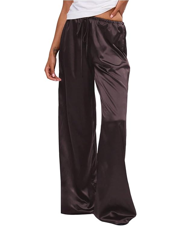 MakeMeChic Women's Satin Silk Wide Leg Pants Low Waist Baggy Pants Lounge Bottoms | Amazon (US)