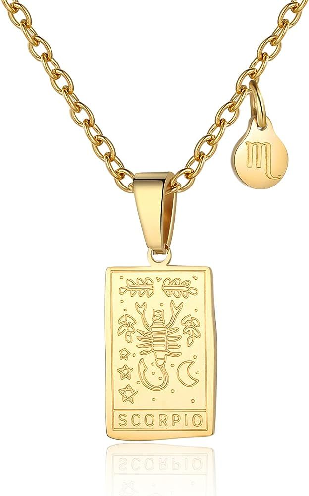 Zodiac Sign Necklace for Women Constellation Tarot Card Pendant Double Sided Gold Stainless Steel Wa | Amazon (US)